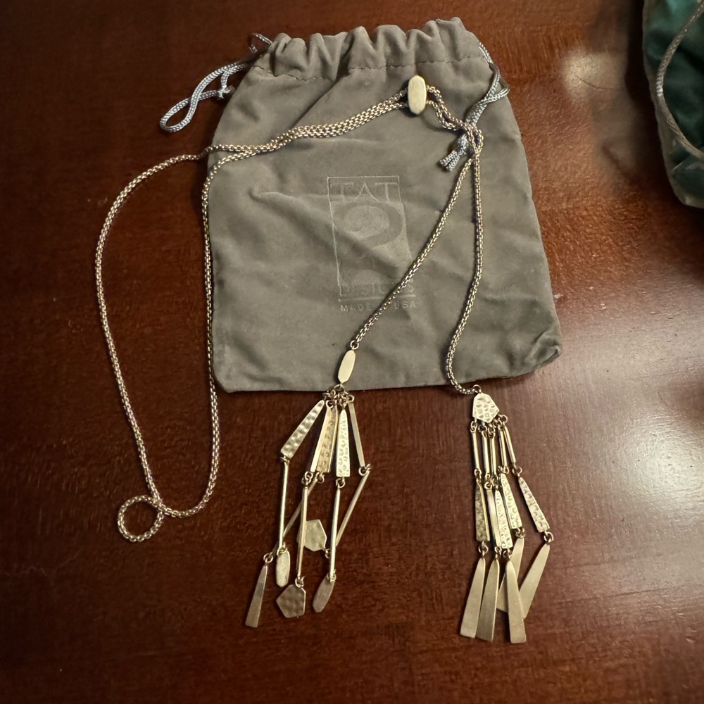 Tat 2 Designs Hammered Gold Adjustable Lariat Necklace with Tassel Accents